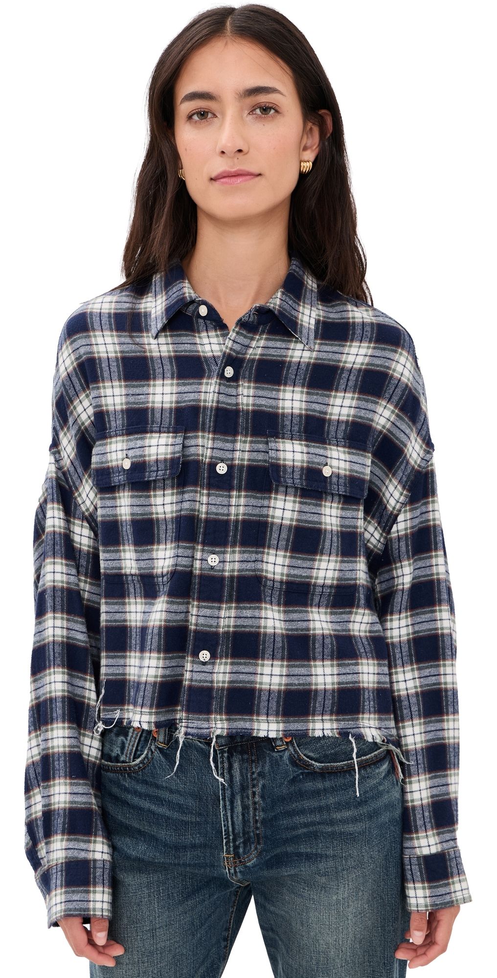 Denimist Cropped Work Shirt Navy Green White Plaid L