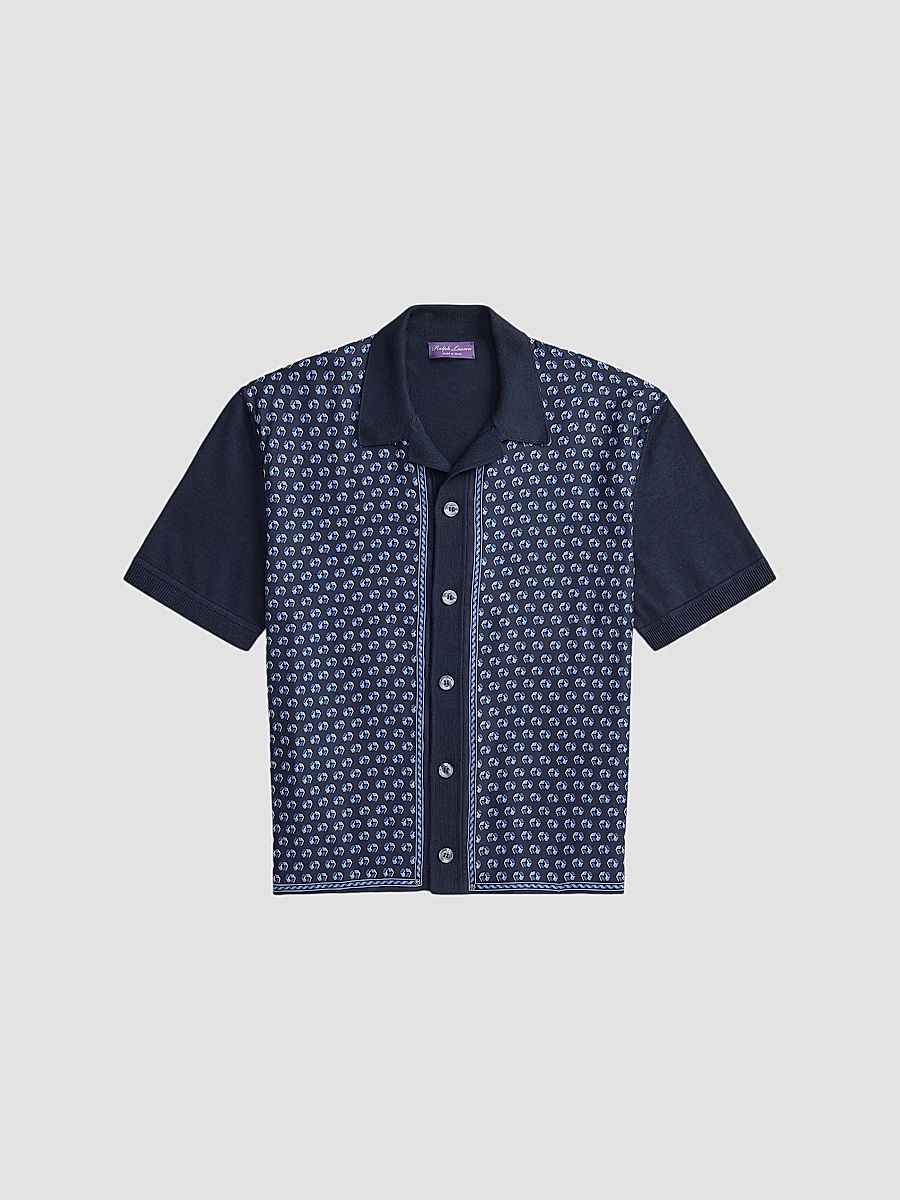 Men's Camp-Collar Short-Sleeve Cardigan - Racing Navy Multi - Size XXL