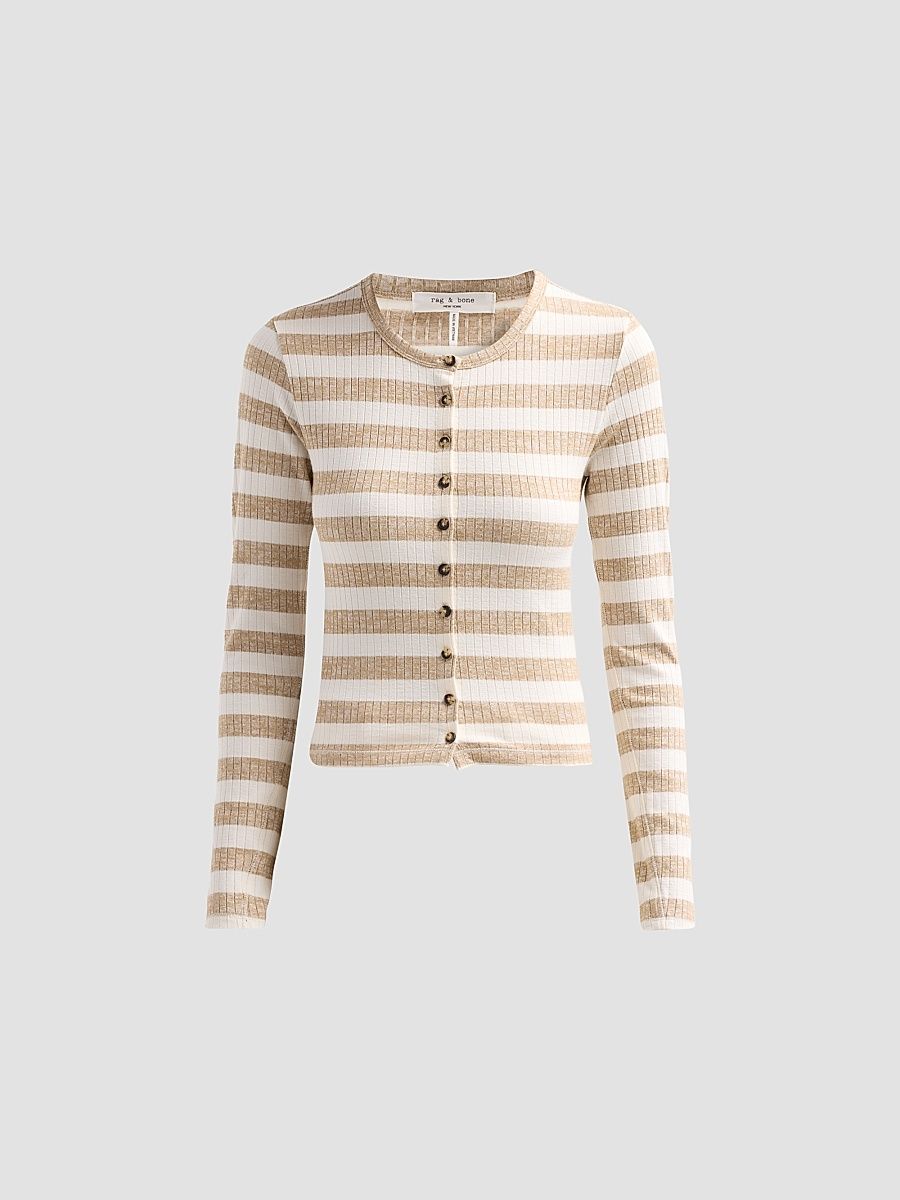 Women's The Wide Striped Rib-Knit Cardigan - Toffee - Size Large