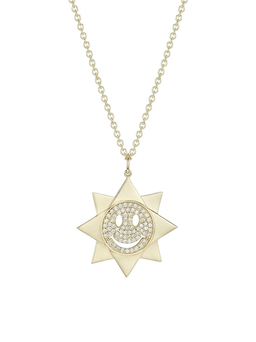 Women's 14K Yellow Gold & Diamond Happy Face Sun Pendant Necklace - Gold