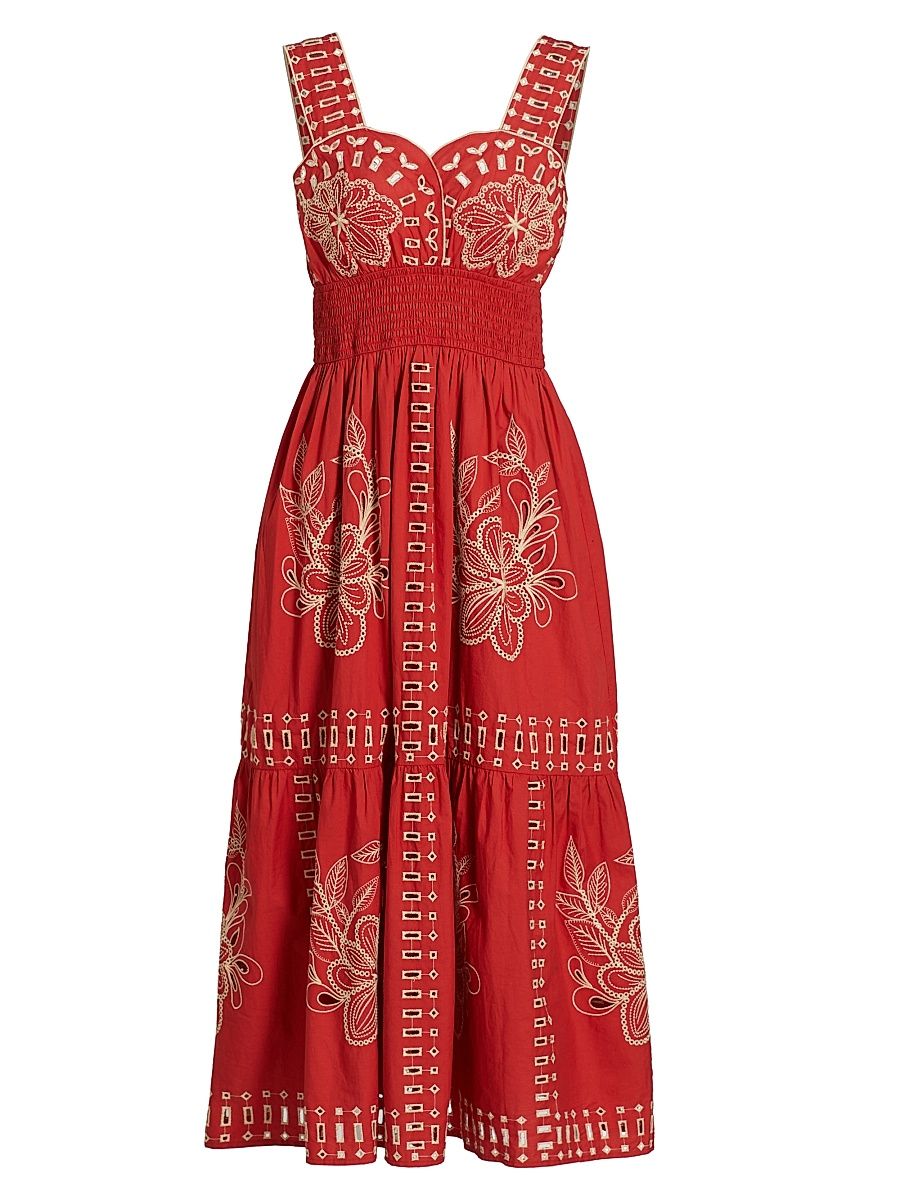 Women's Fawn Embroidered Cotton Midi-Dress - Terracotta - Size Medium