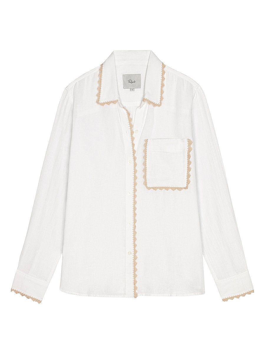 Women's Saya Crochet Trim Button-Front Shirt - White - Size XL