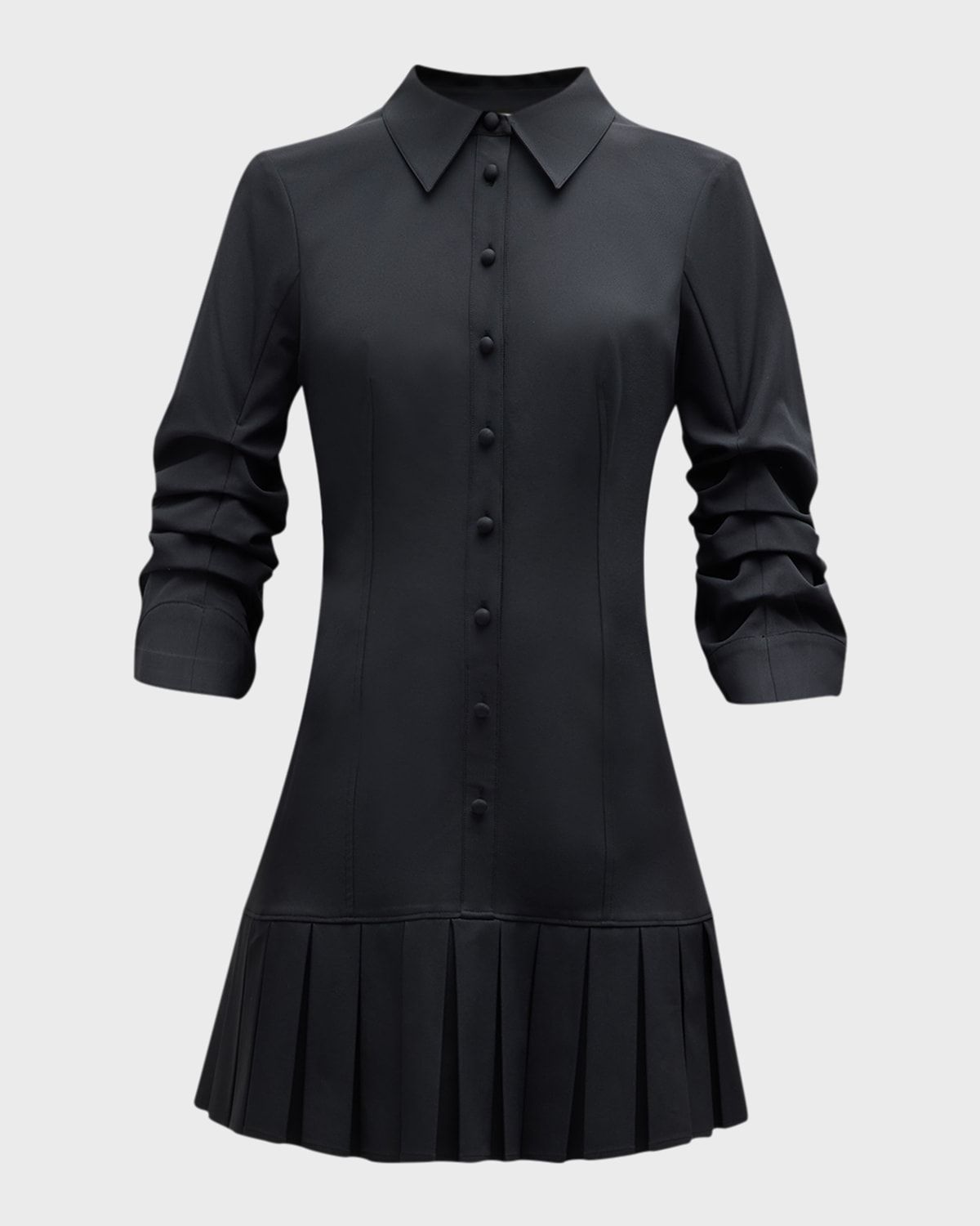 Lucilla Topstitched Pleated-Hem Mini Shirtdress