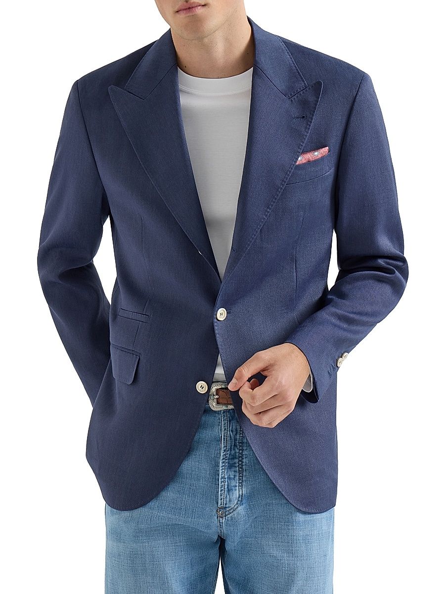Men's Linen, Virgin Wool and Mohair Gabardine Tailor Blazer - Denim - Size 48