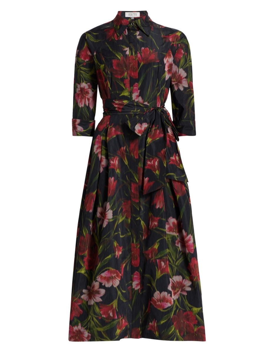 Teri Jon by Rickie Freeman Women's Floral Faille Midi-Shirtdress - Black Multi - Size 14