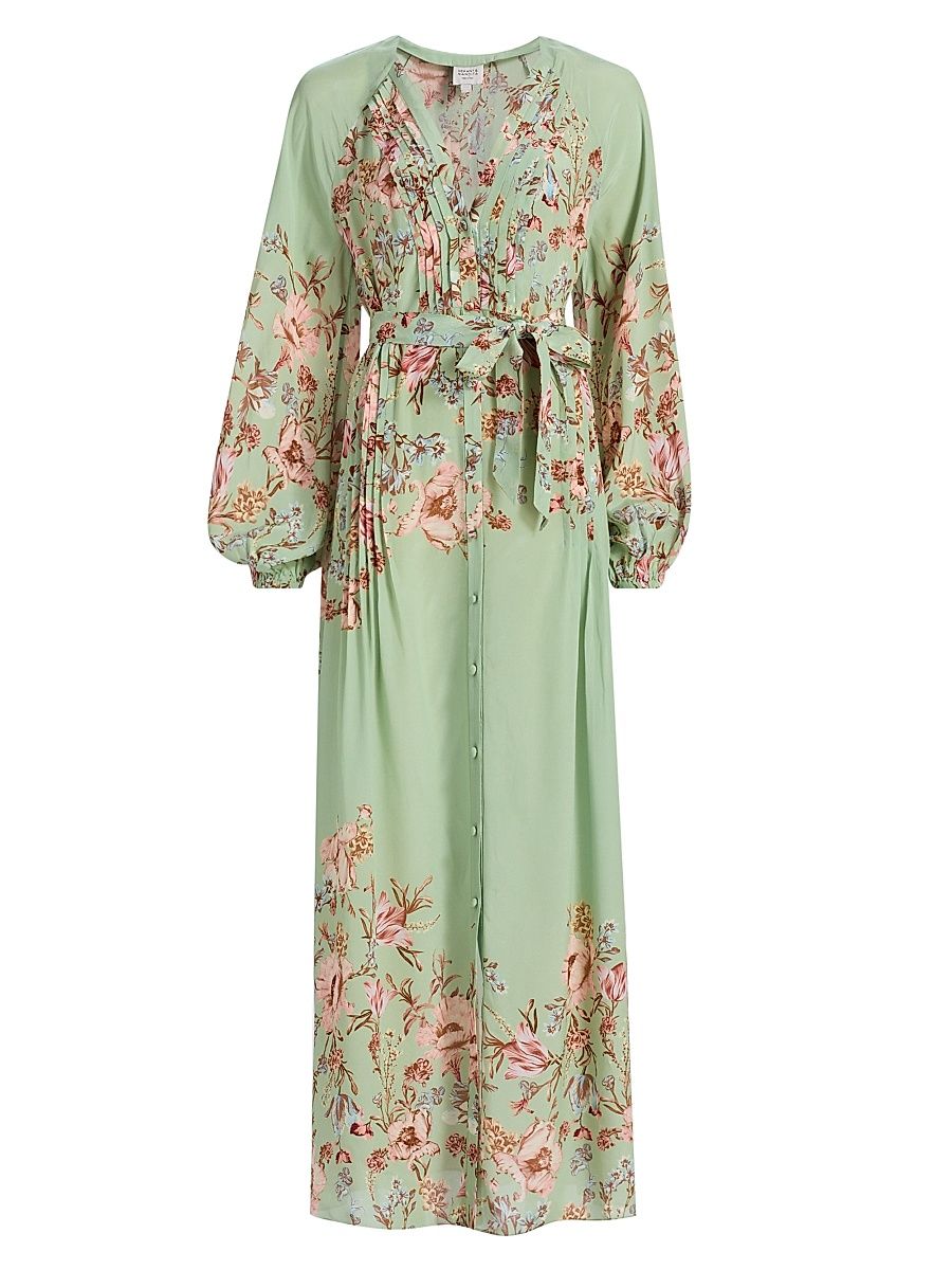 Women's Floral Pintuck Maxi Shirtdress - Green - Size XL