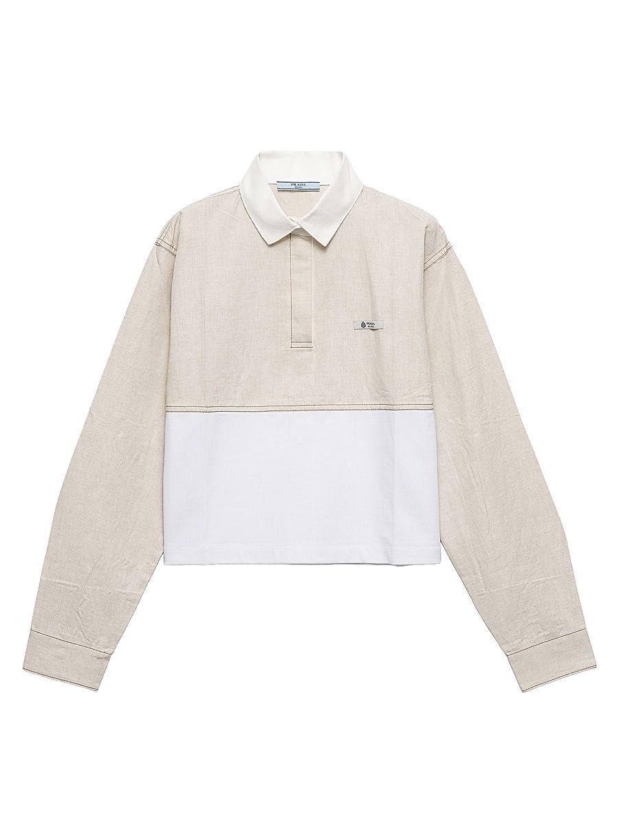 Women's Chambray and Jersey Polo Shirt - Beige Khaki - Size XS