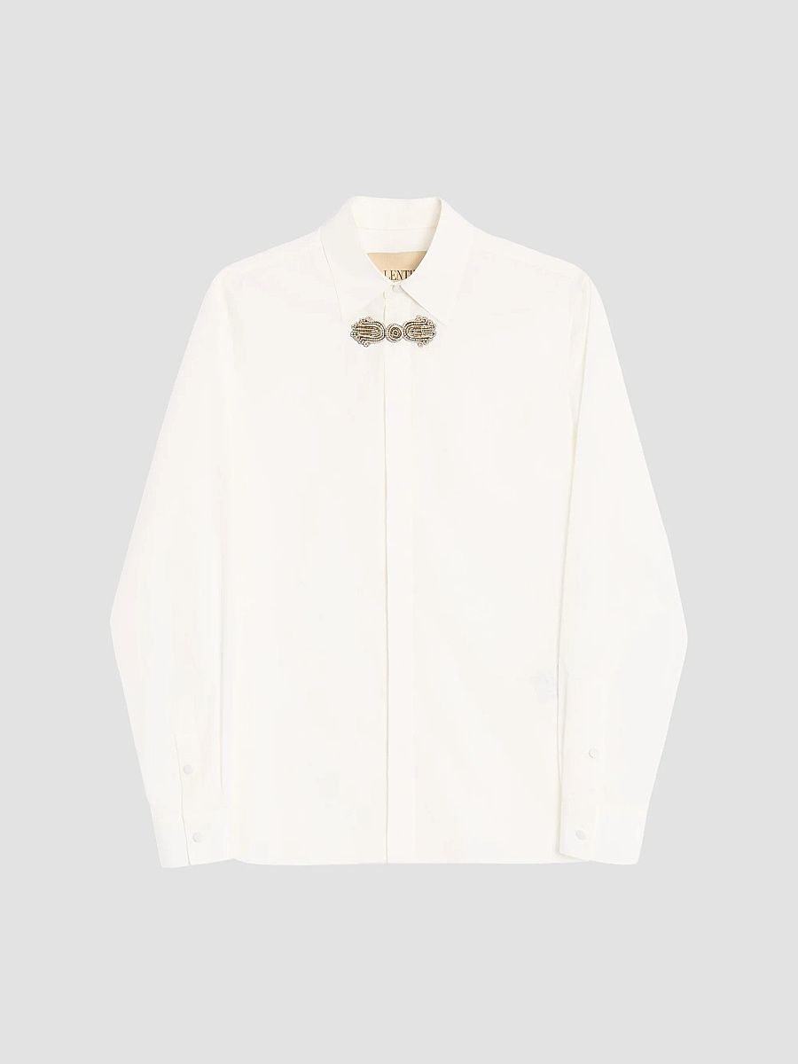 Men's Long-Sleeved Cotton Poplin Shirt with Embroidered Frog Closure - White Beige - Size 19
