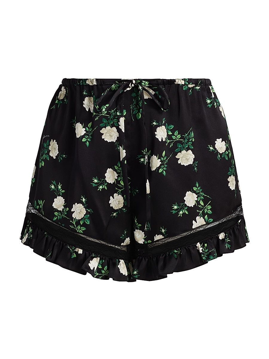 Women's Floral Silk-Blend Shorts - Black - Size XL