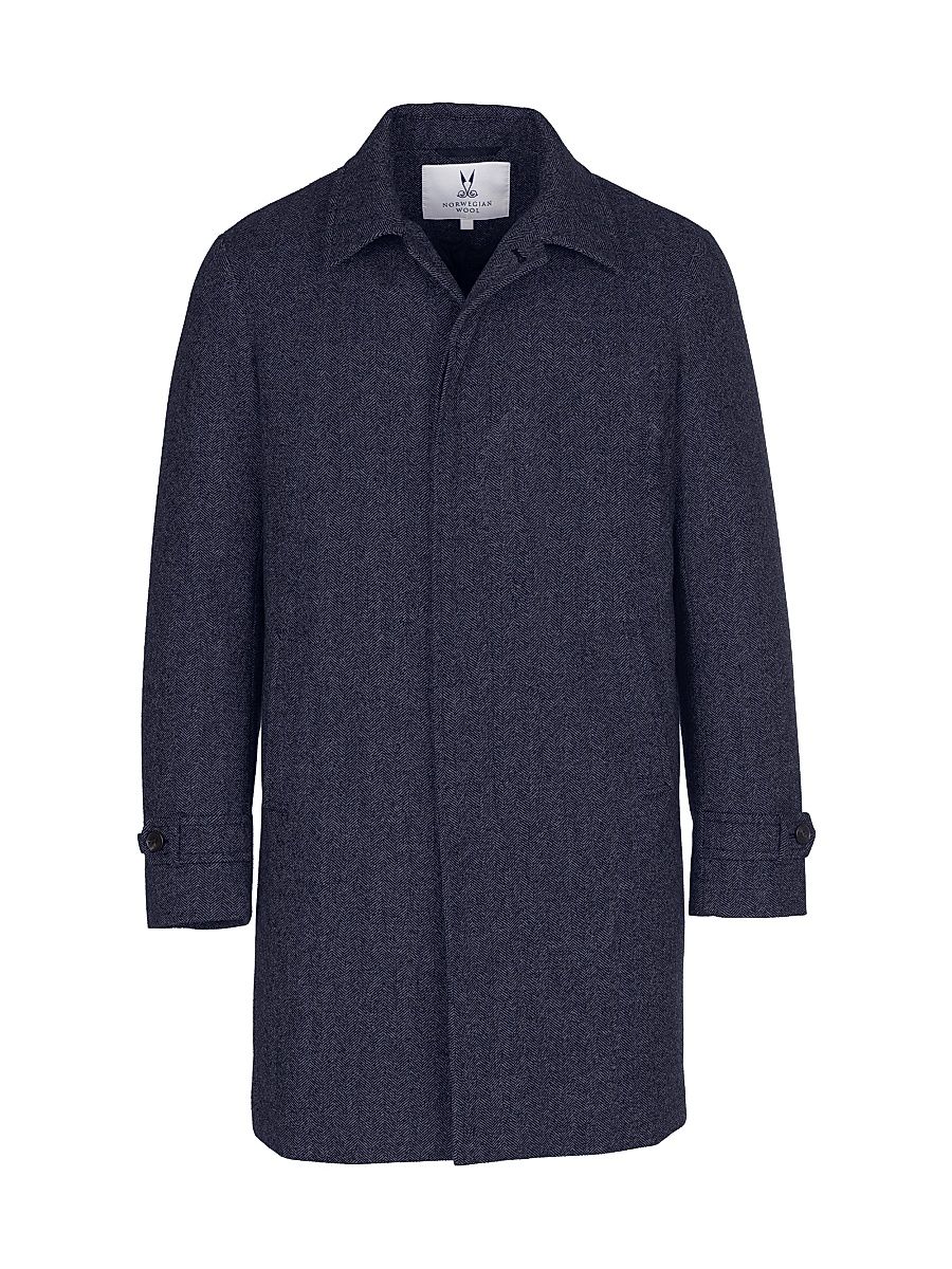 Men's Herringbone Wool & Cashmere Down Three-Quarter Length Coat - Blue Herringbone - Size Small