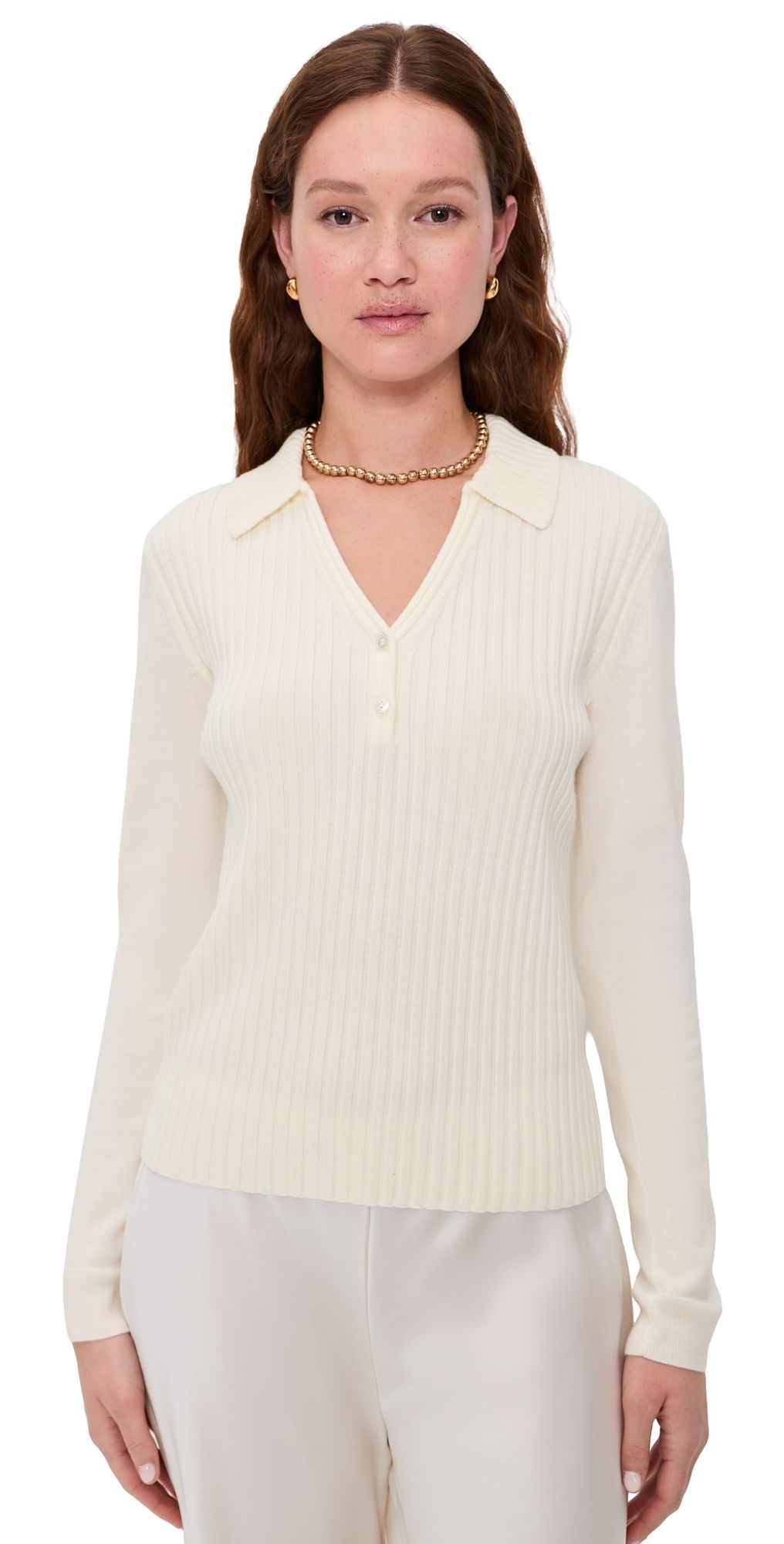 Theory Front Rib Collared Long Sleeve Top New Ivory M