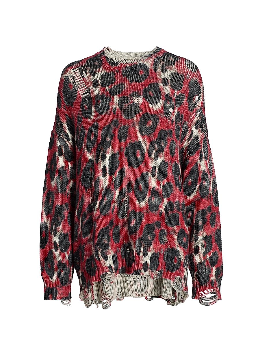 Women's Leopard-Print Distressed Cotton Sweater - Red Black Leopard - Size XL