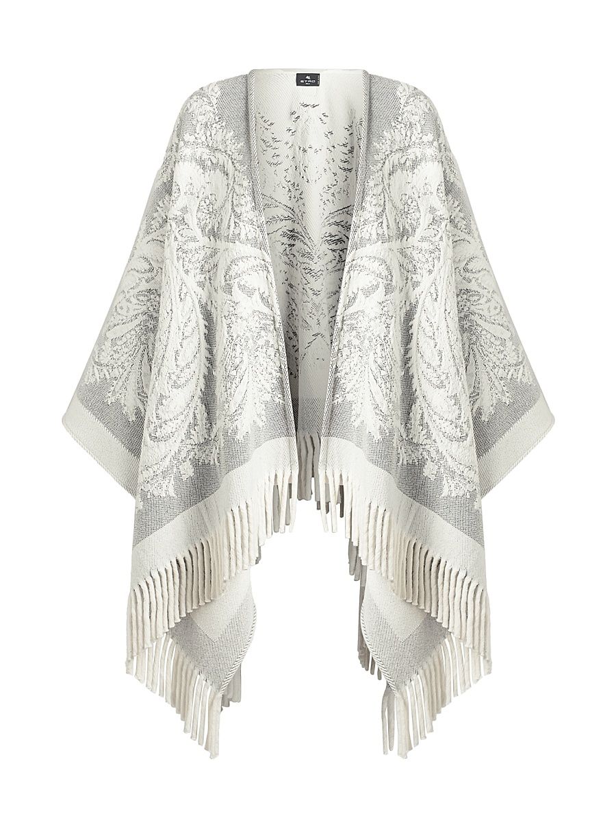 Women's Jacquard Wool Fringe-Trim Cape - Ivory Grey