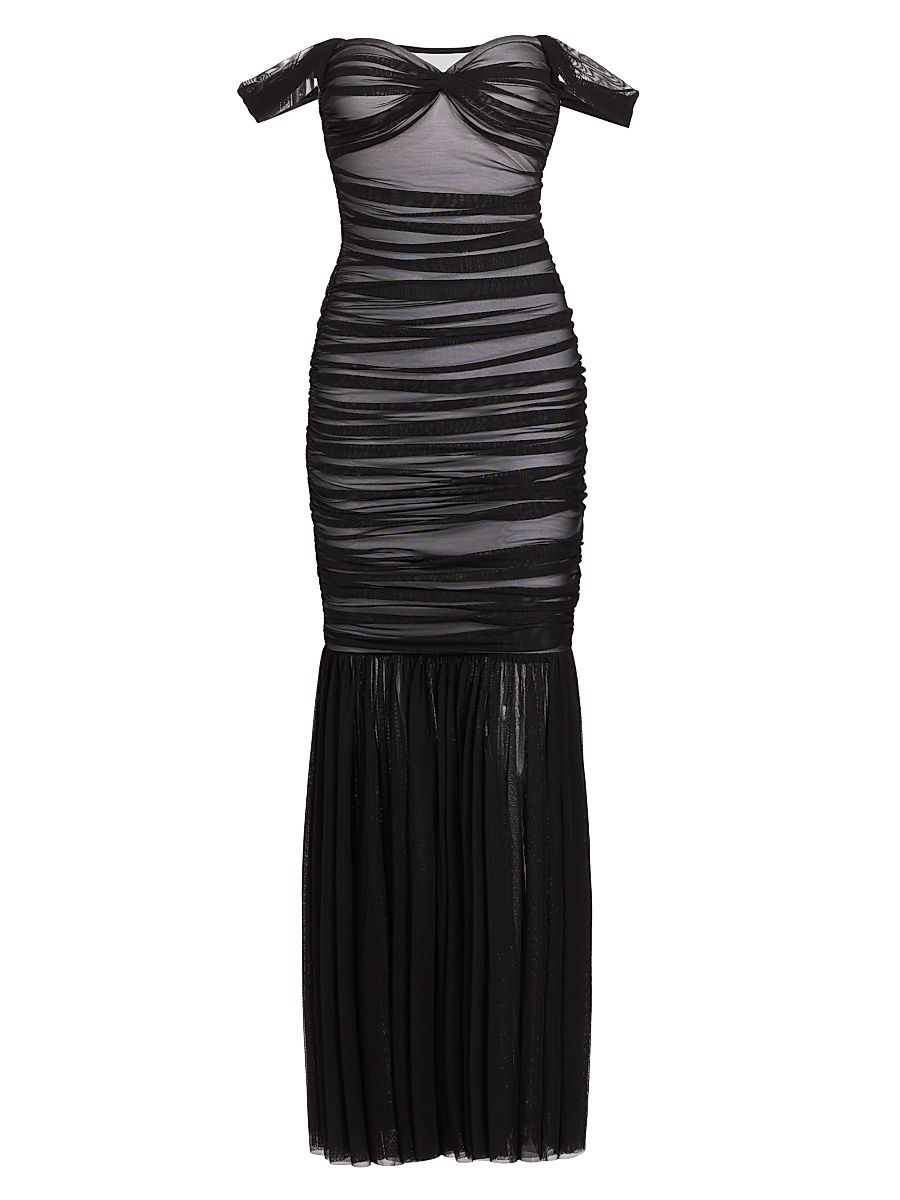 Women's Walter Off-The-Shoulder Fishtail Gown - Black And Snow White - Size XL