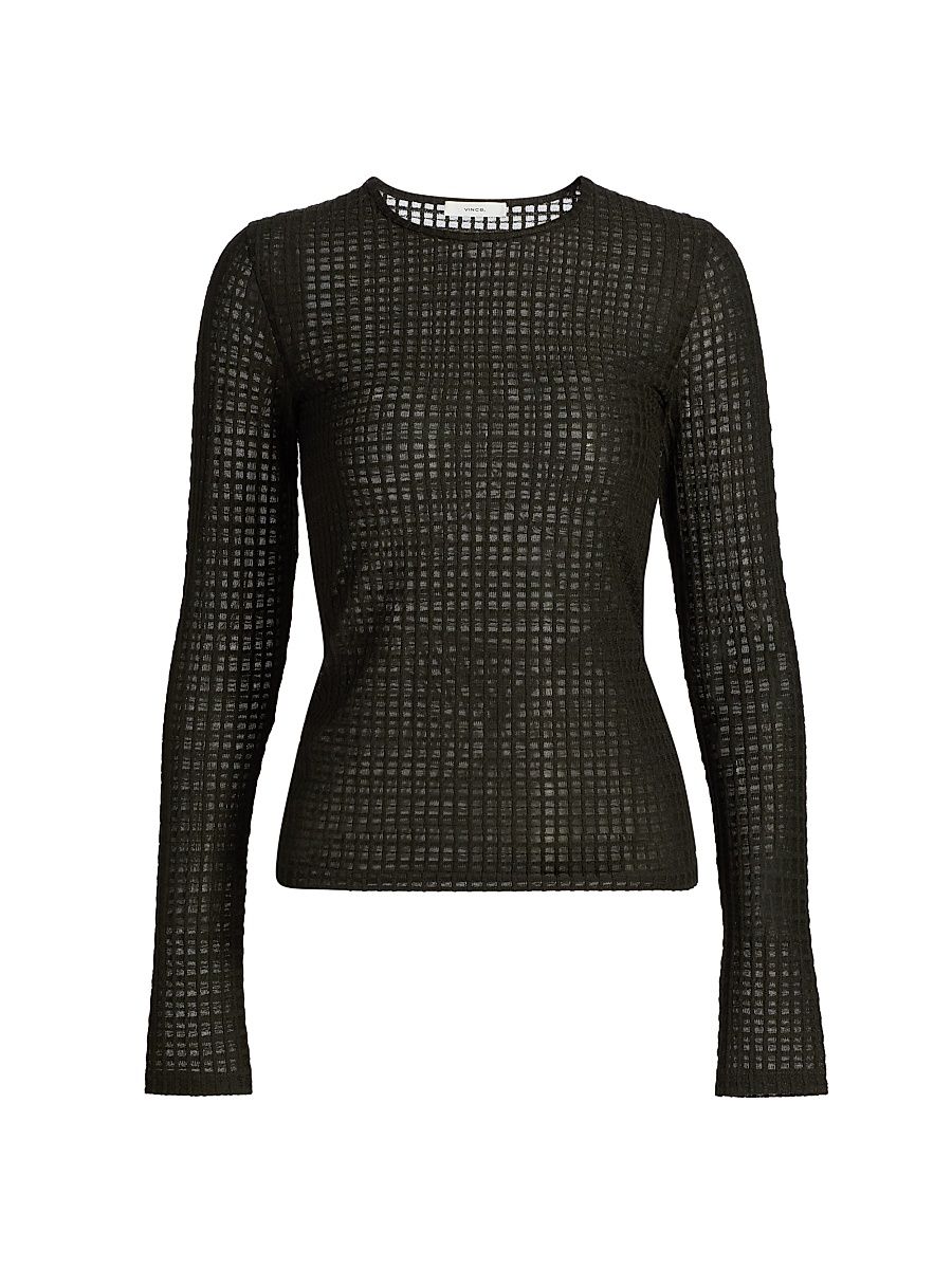 Women's Shadow Grid Long-Sleeve Crewneck Top - Verde - Size XXS