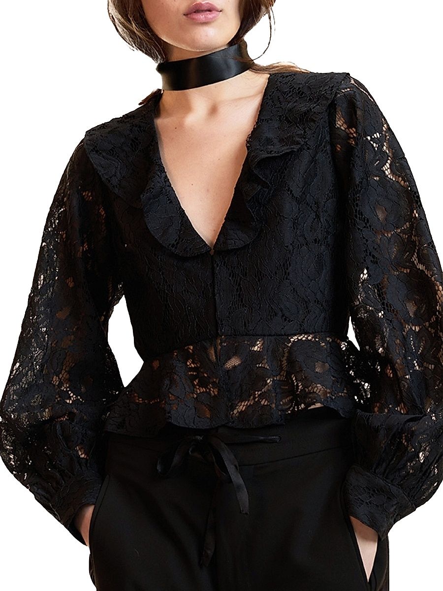 Women's Lace V-Neck Peplum Blouse - Black - Size 0