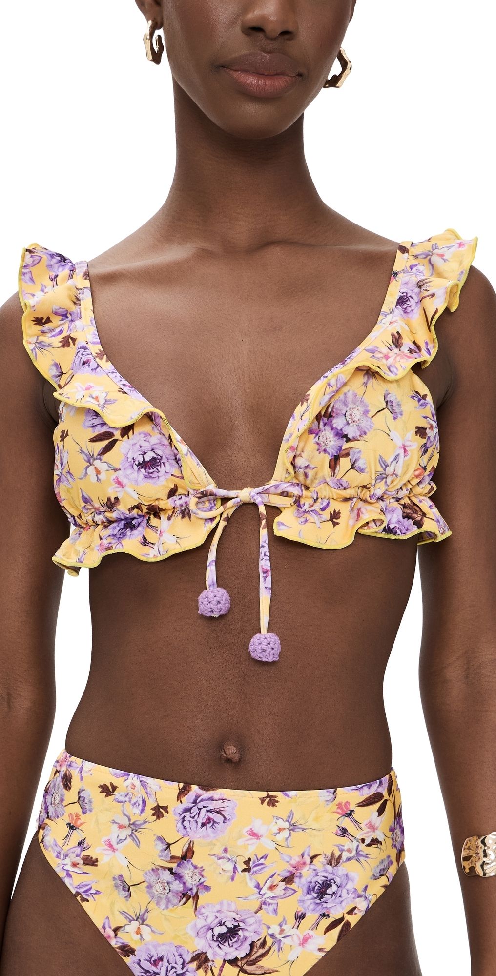 PatBO Peony Print Lycra Ruffle Bikini Top Yellow XS