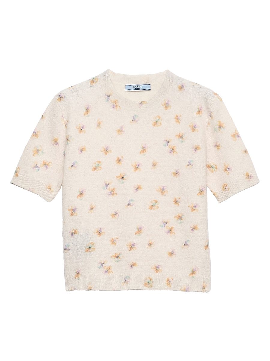 Women's Floral Print Wool Crewneck Sweater - Yellow - Size 12