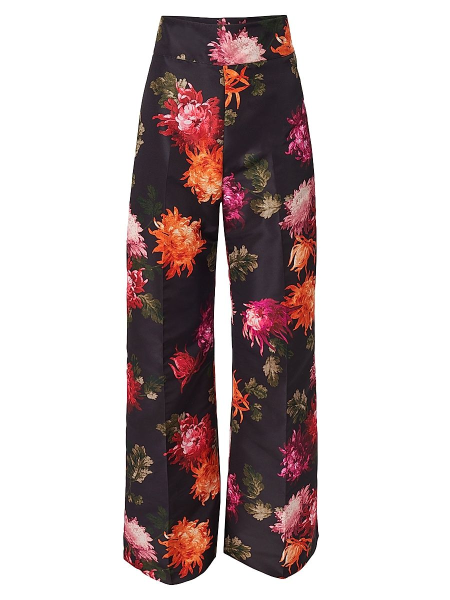 Women's Diane Floral Faille Wide-Leg Pants - Black Multi - Size 16