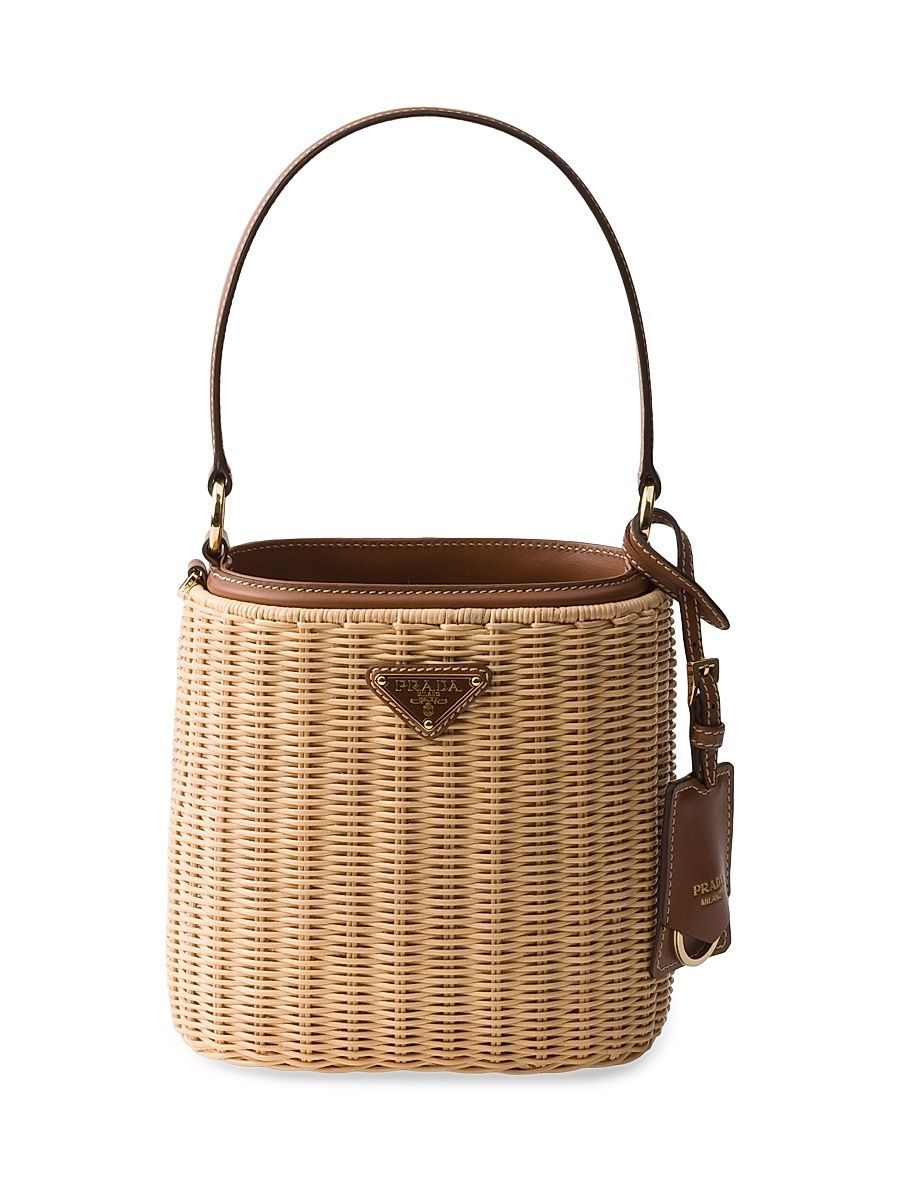 Women's Wicker and Leather Bucket Bag - Brown