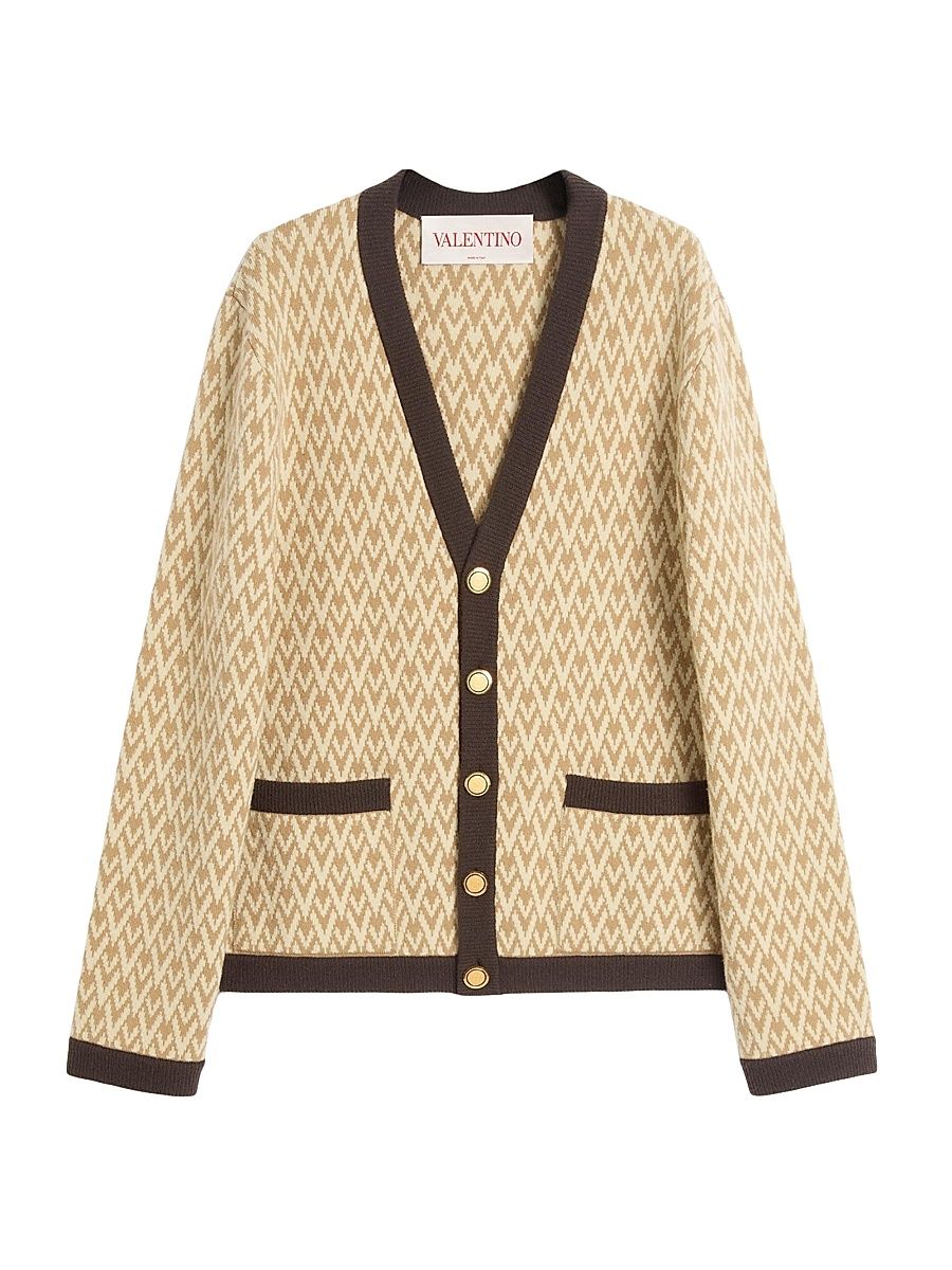 Men's Wool Cardigan with Toute La V Pattern - Beige Brown - Size Large