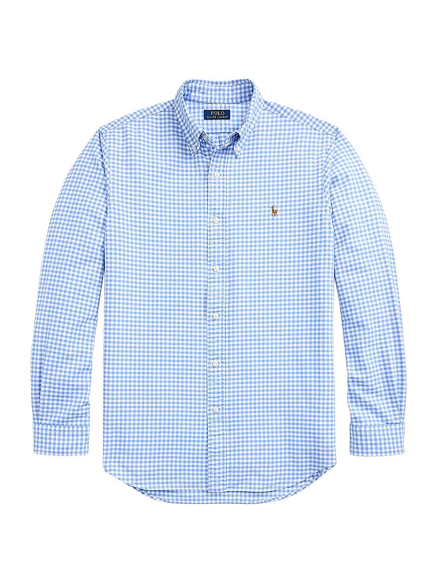 Men's Logo-Embroidered Gingham Cotton Oxford Shirt - Light Blue White - Size XXL