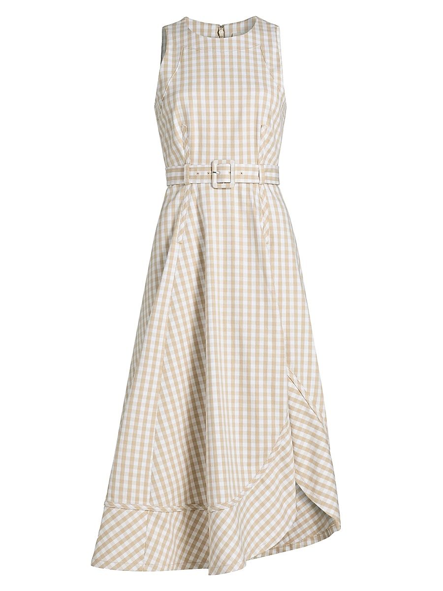 Women's Zelda Gingham Denim Asymmetric Tea-Length Dress - Khaki White - Size 12