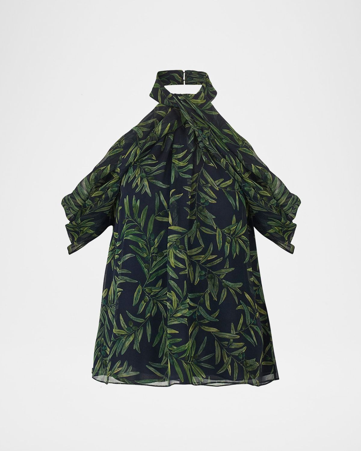 Olive-Print Draped Cold-Shoulder Chiffon Halter Blouse