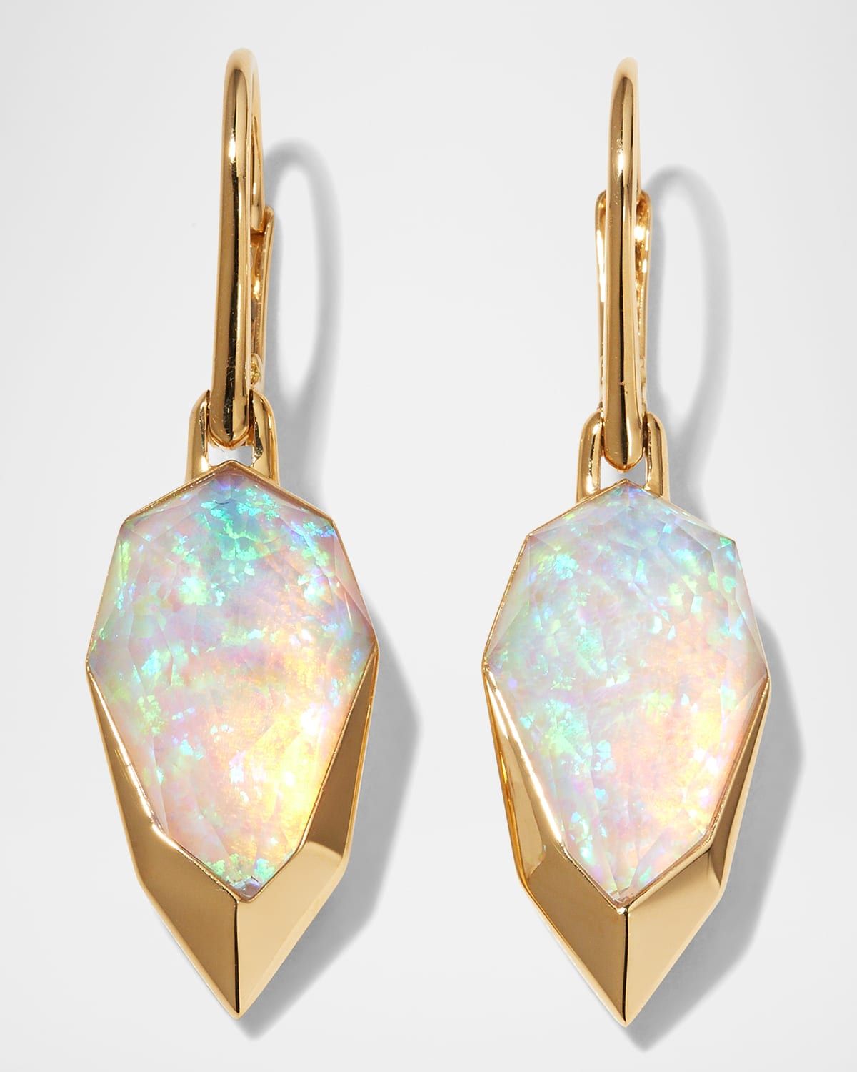 Yellow Gold Diced Pear Earrings with Opalescent Clear Quartz