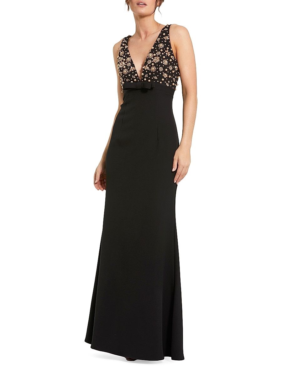 Women's Petite Embellished Crepe V-Neck Gown - Black - Size Petite 12