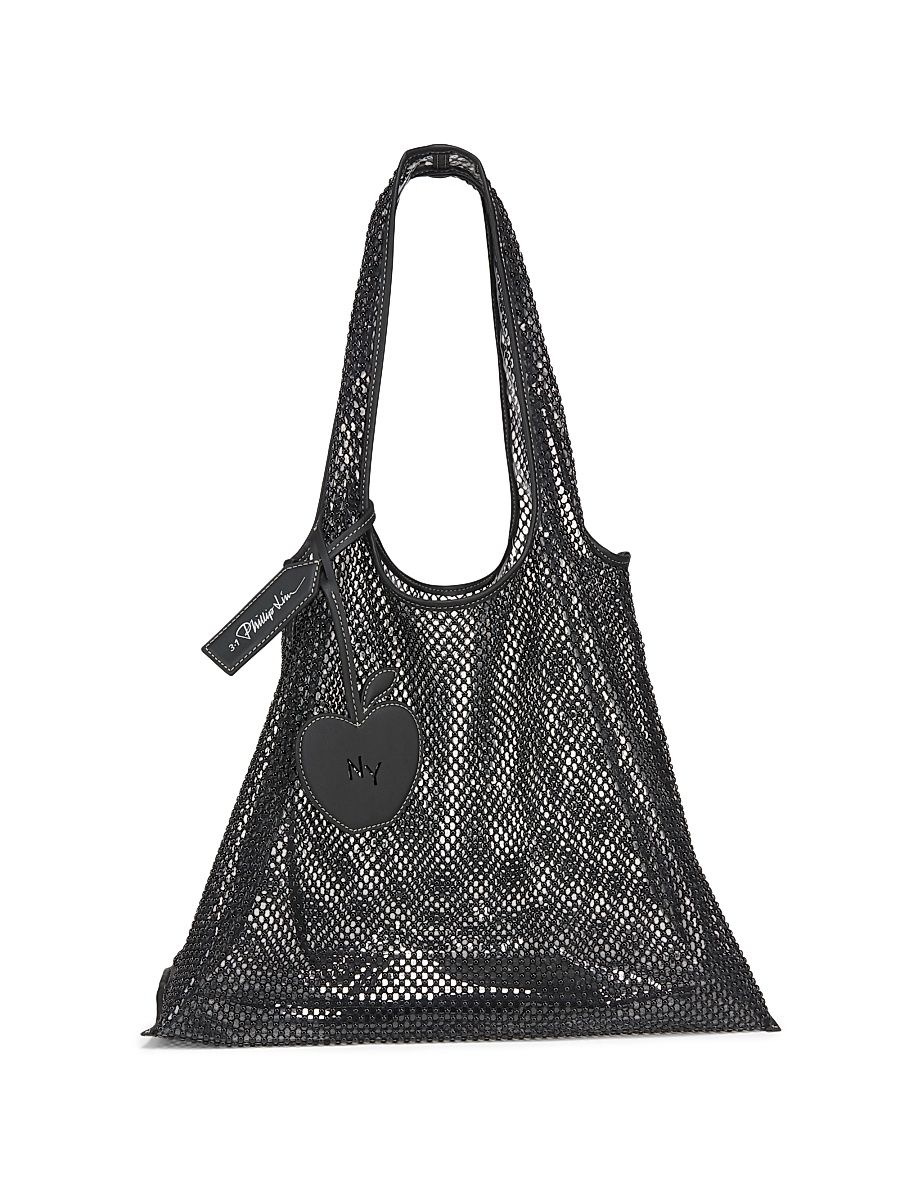 Women's Embroidered Mesh Market Tote Bag - Black