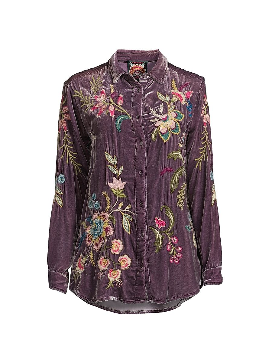 Women's Julianna Embroidered Velvet Oversized Shirt - Dusty Purple - Size Small