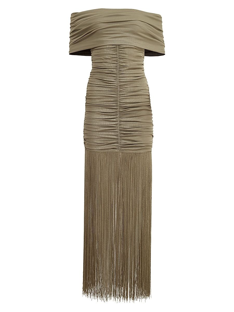 Women's Jacinta Off-the-Shoulder Fringe Maxi Dress - Olive - Size Large