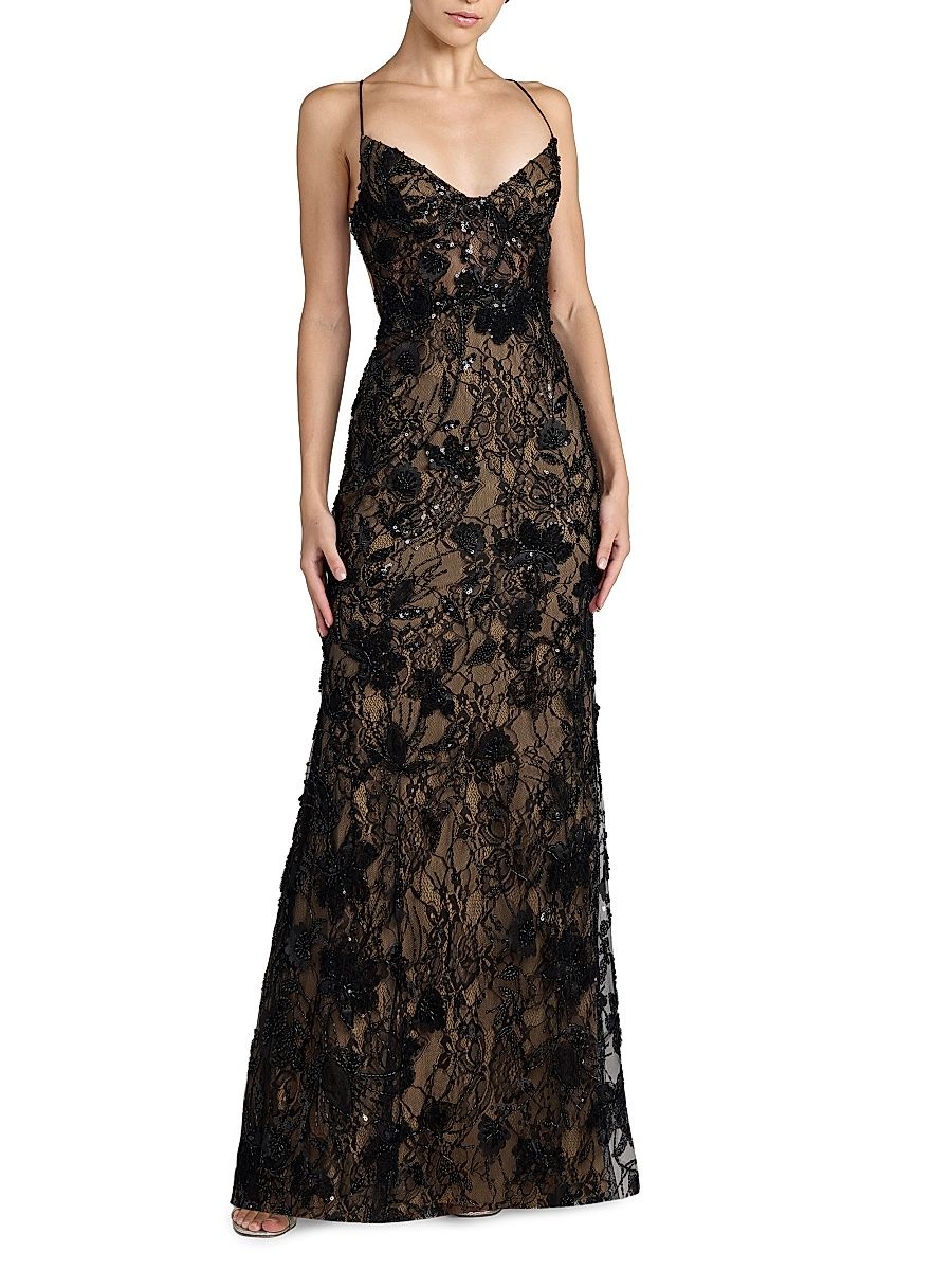 Women's Floral Lace Open Back Gown - Black Beige - Size 12