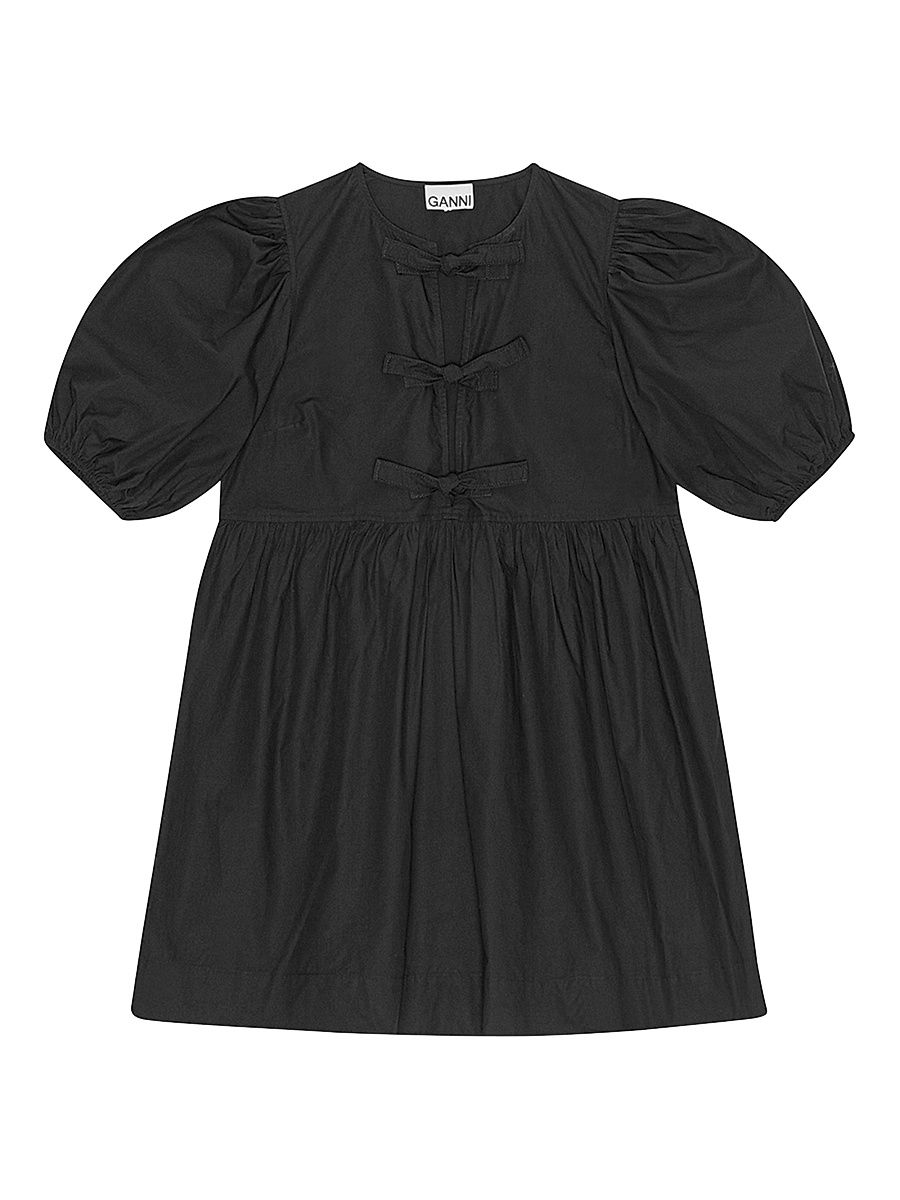 Women's Tie-Front Puff-Sleeve Poplin Minidress - Black - Size 14
