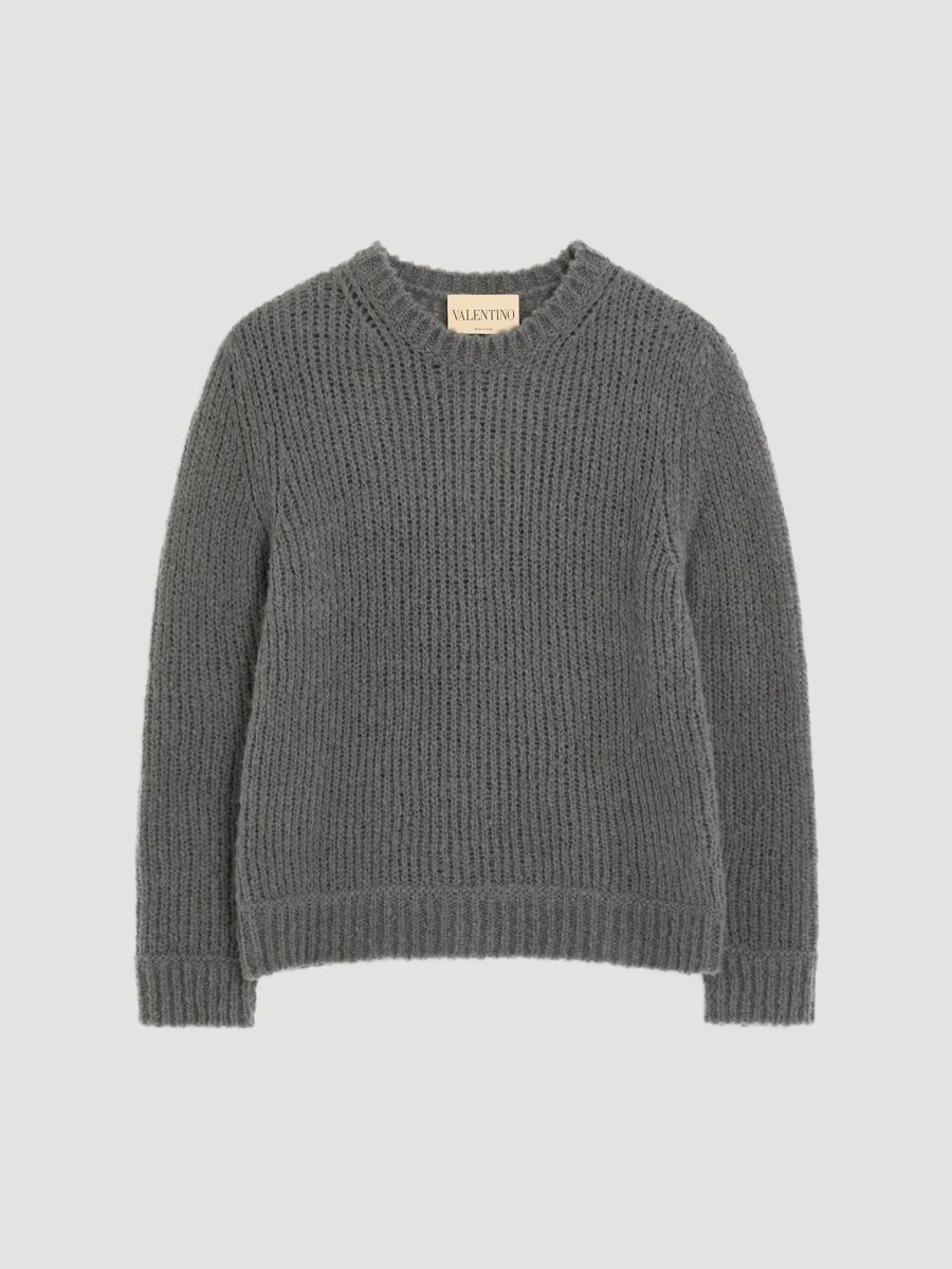 Valentino Men's Sweater in Wool and Nylon Blend with Studded Leather Loop - Dark Grey - Size Medium