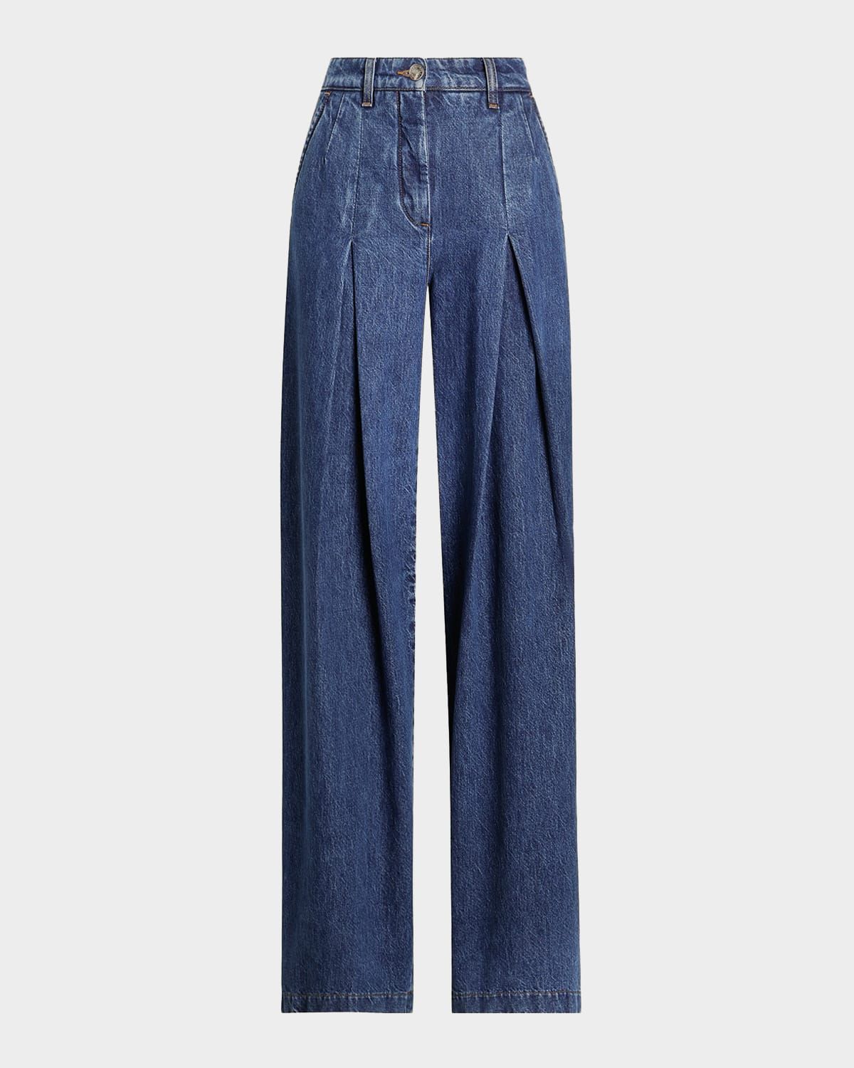Pleated Wide-Leg Denim Jeans