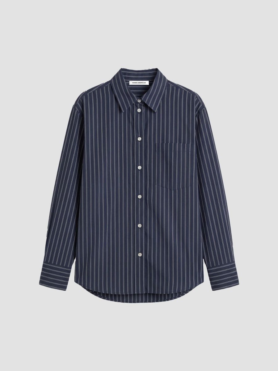 Good American Women's The Poplin Striped Cotton Shirt - Navy Stripe - Size XS