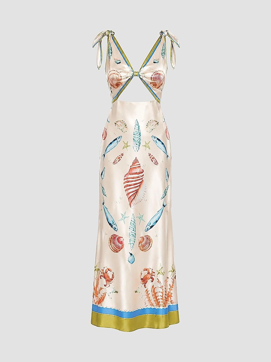 Women's Carlotte Seashell-Print Silk Satin Midi Dress - Lacqua Marine - Size Large