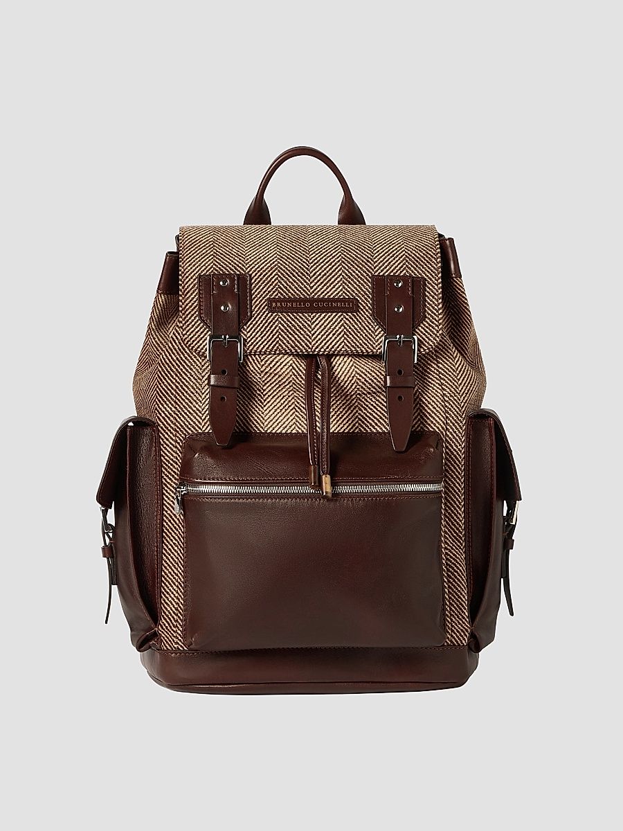 Men's Burnished Calfskin and Chevron-Effect Techno Fabric City Backpack - Beige Brown