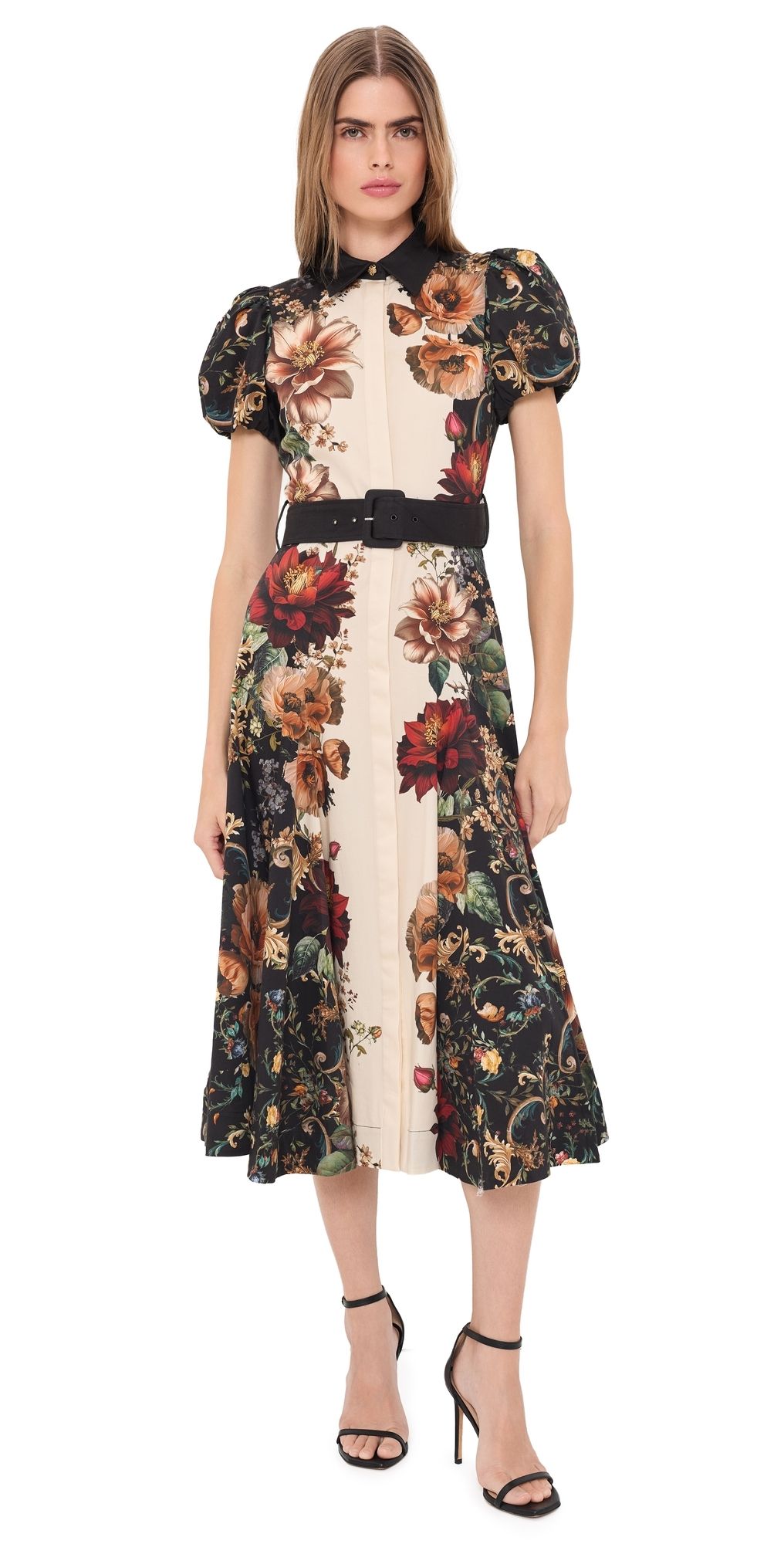 ALICE + OLIVIA Henrietta Fitted Full Flare Belted Midi Dress Floral Radiance 6