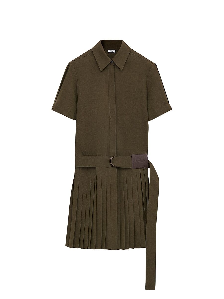 Women's Pleated Cotton Twill Mini-Shirtdress - Khaki Green - Size 0