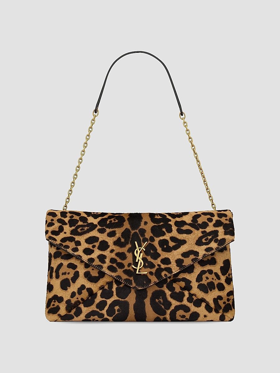 Saint Laurent Women's Cassandre Large Pouch on Chain in Pony Hair Leather - Brown And Black