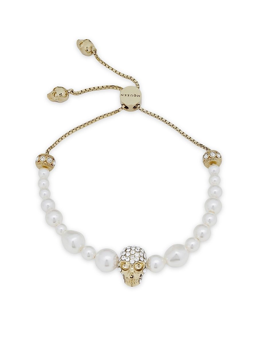 Women's Goldtone, Imitation Pearl & Glass Crystal Skull Charm Bracelet - Pearl Grey
