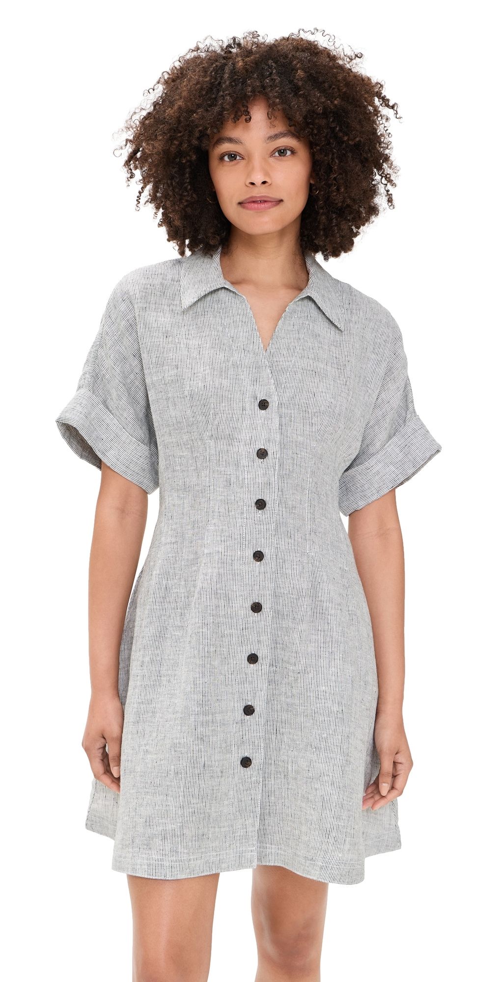Madewell Pleated Linen Shirt Dress Black White Mini Stripe XS