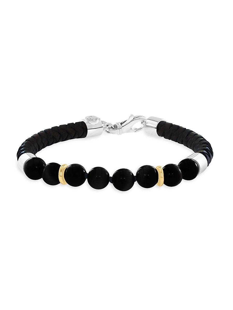 Men's Sterling Silver, Leather & Black Onyx Bracelet - Sterling Silver