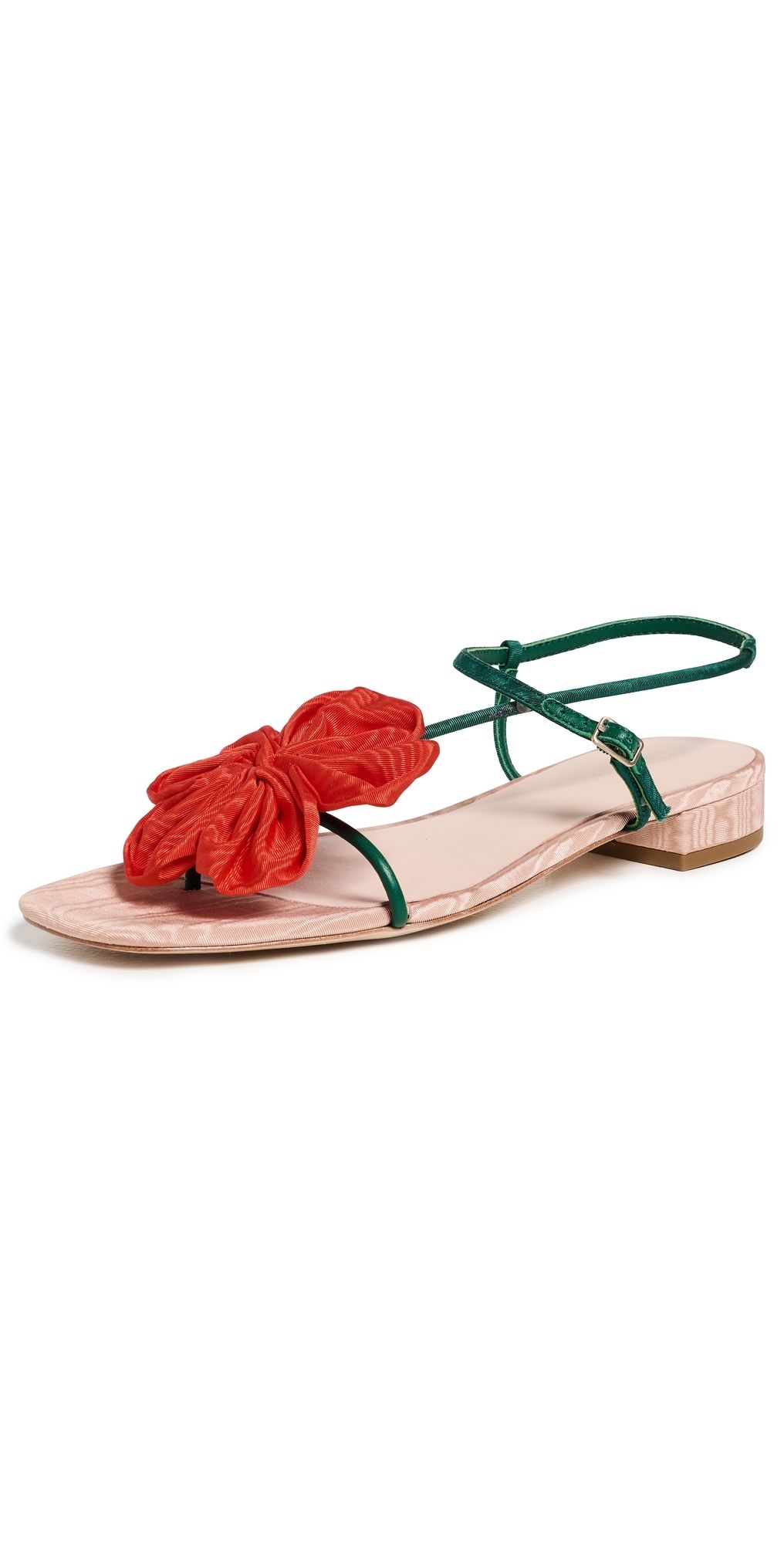 Loeffler Randall Genevieve Flower Applique Flat Sandals Nude/Green/Red 10.5