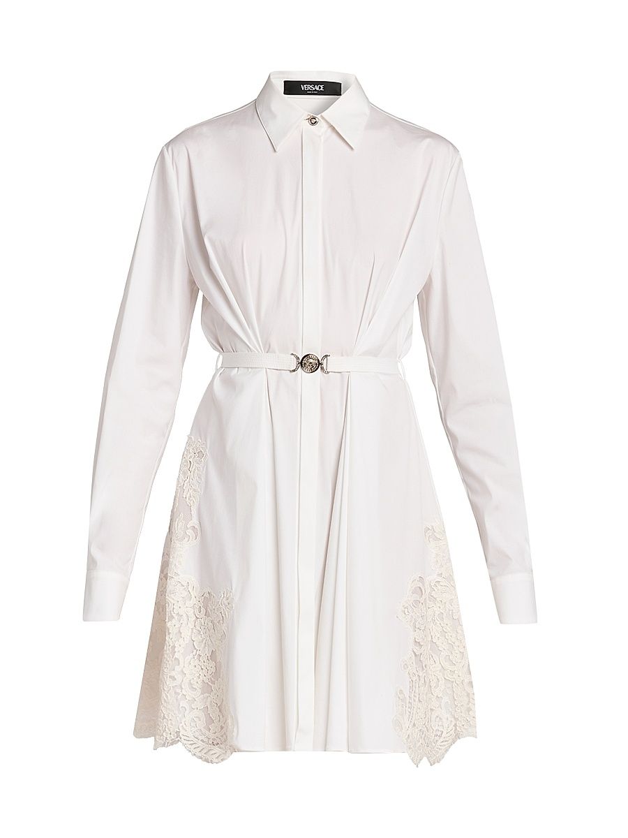Women's Poplin Lace-Trimmed Mini Shirtdress - Optical White - Size 12