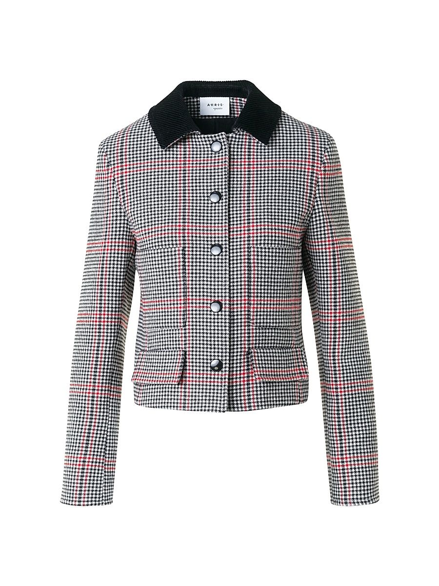 Women's Glen Plaid Houndstooth Virgin Wool Jacket - Black Cream Vermillion - Size 10