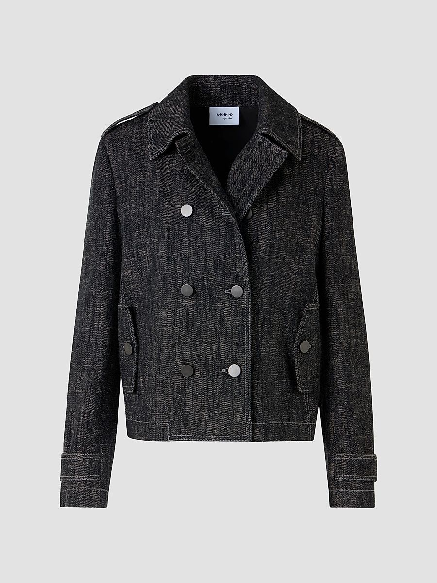 Women's Washed Denim Double-Breasted Jacket - Black Denim - Size 16